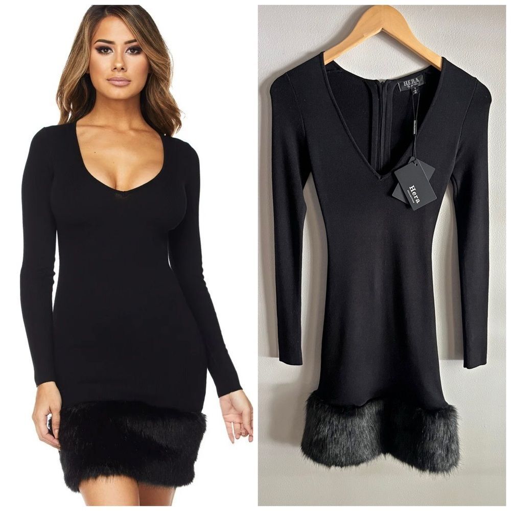 Hera Collection Black Mini Dress with Faux Fur Hem